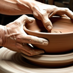 **A ceramic bowl being sculpted on a pottery wheel, showcasing the wheel throwing technique.** (Focus: Action, pottery wheel, shaping clay).