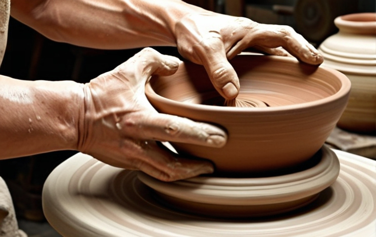 **A ceramic bowl being sculpted on a pottery wheel, showcasing the wheel throwing technique.** (Focus: Action, pottery wheel, shaping clay).