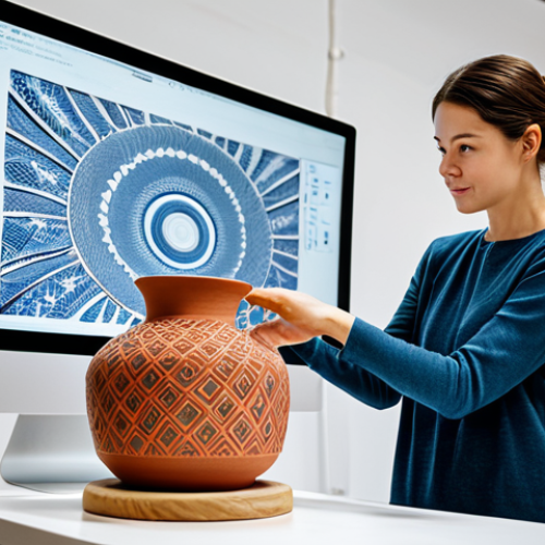 A professional ceramic artist, fully clothed in modest, professional attire, standing in a contemporary, well-lit studio. One hand is gently on a traditional pottery wheel with a half-formed clay vessel, while the other gestures towards a large digital screen displaying intricate 3D-printed ceramic designs and AI-generated patterns. In the background, shelves display beautifully crafted modern ceramic art pieces, some appearing to be created with advanced digital techniques, alongside a visible 3D clay printer on a workbench. The artist's expression is focused and innovative, blending traditional craftsmanship with futuristic technology. Perfect anatomy, correct proportions, natural pose, well-formed hands, proper finger count, natural body proportions, high-quality professional photography, intricate details, sharp focus, vibrant colors, soft studio lighting. Safe for work, appropriate content, fully clothed, professional.