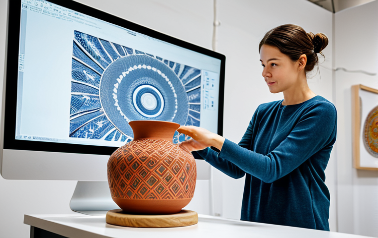 A professional ceramic artist, fully clothed in modest, professional attire, standing in a contemporary, well-lit studio. One hand is gently on a traditional pottery wheel with a half-formed clay vessel, while the other gestures towards a large digital screen displaying intricate 3D-printed ceramic designs and AI-generated patterns. In the background, shelves display beautifully crafted modern ceramic art pieces, some appearing to be created with advanced digital techniques, alongside a visible 3D clay printer on a workbench. The artist's expression is focused and innovative, blending traditional craftsmanship with futuristic technology. Perfect anatomy, correct proportions, natural pose, well-formed hands, proper finger count, natural body proportions, high-quality professional photography, intricate details, sharp focus, vibrant colors, soft studio lighting. Safe for work, appropriate content, fully clothed, professional.