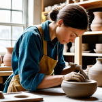 A professional female ceramic artist, in a modest artist's smock and appropriate attire, deeply engrossed in shaping clay on a potter's wheel in a brightly lit, organized pottery studio. Her hands are precisely molding the clay, conveying a sense of calm dedication and creative flow. The studio background shows shelves with various natural clay colors and finished, unglazed pottery pieces, emphasizing the traditional craft. The scene is well-lit with soft, natural light, highlighting the textures of the clay. safe for work, appropriate content, fully clothed, professional, modest, family-friendly, perfect anatomy, correct proportions, natural pose, well-formed hands, proper finger count, natural body proportions, high quality, professional photography.
