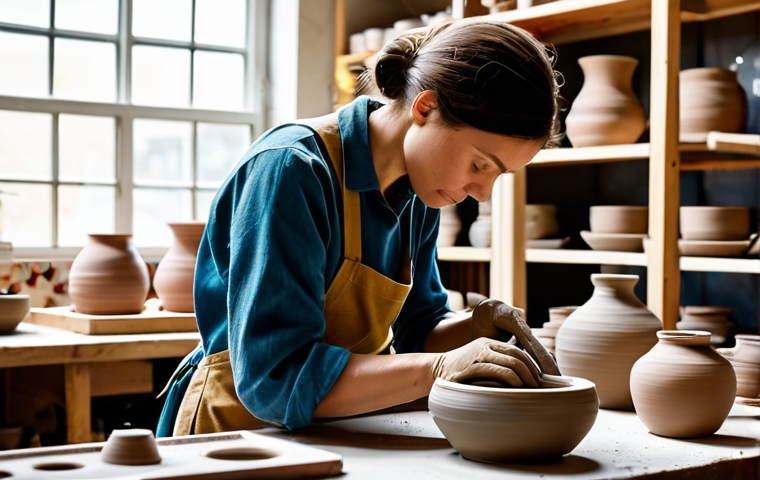 A professional female ceramic artist, in a modest artist's smock and appropriate attire, deeply engrossed in shaping clay on a potter's wheel in a brightly lit, organized pottery studio. Her hands are precisely molding the clay, conveying a sense of calm dedication and creative flow. The studio background shows shelves with various natural clay colors and finished, unglazed pottery pieces, emphasizing the traditional craft. The scene is well-lit with soft, natural light, highlighting the textures of the clay. safe for work, appropriate content, fully clothed, professional, modest, family-friendly, perfect anatomy, correct proportions, natural pose, well-formed hands, proper finger count, natural body proportions, high quality, professional photography.