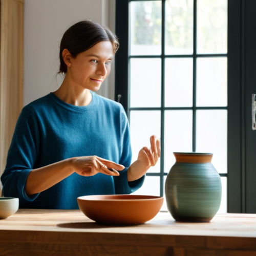 A professional female ceramic artist, with a warm and inviting expression, in her modern, well-lit studio. She is fully clothed in a modest, professional studio outfit, showcasing her handcrafted, unique ceramic vases and bowls on a clean wooden workbench. In the background, a laptop screen displays her online store, symbolizing the global reach of her art. Natural light streams through a large window. She looks towards the viewer, gesturing subtly towards her pottery and the digital presence. Professional photography, studio lighting, high detail, realistic, vibrant colors, safe for work, appropriate content, fully clothed, professional, perfect anatomy, correct proportions, natural pose, well-formed hands, proper finger count, natural body proportions.