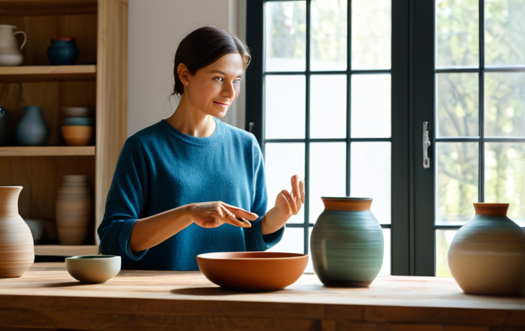 A professional female ceramic artist, with a warm and inviting expression, in her modern, well-lit studio. She is fully clothed in a modest, professional studio outfit, showcasing her handcrafted, unique ceramic vases and bowls on a clean wooden workbench. In the background, a laptop screen displays her online store, symbolizing the global reach of her art. Natural light streams through a large window. She looks towards the viewer, gesturing subtly towards her pottery and the digital presence. Professional photography, studio lighting, high detail, realistic, vibrant colors, safe for work, appropriate content, fully clothed, professional, perfect anatomy, correct proportions, natural pose, well-formed hands, proper finger count, natural body proportions.