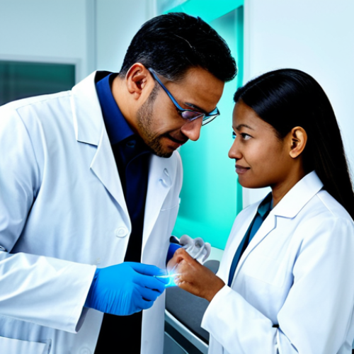 Two diverse scientists, a man and a woman, fully clothed in professional lab attire, collaborate in a futuristic research laboratory. One scientist carefully examines a translucent bio-ceramic implant, while the other interacts with a holographic display showcasing advanced ceramic structures, such as an aerospace turbine blade or a smart sensor diagram. Sophisticated lab equipment is visible in the clean, sterile background. Soft, even illumination emphasizes innovation and collaborative spirit. safe for work, appropriate content, fully clothed, modest, family-friendly, perfect anatomy, correct proportions, natural pose, well-formed hands, proper finger count, natural body proportions, high-tech aesthetic, professional photography.