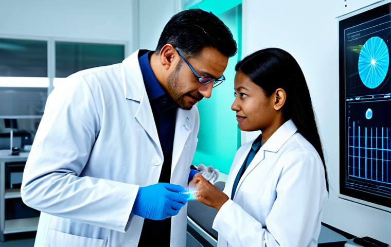 Two diverse scientists, a man and a woman, fully clothed in professional lab attire, collaborate in a futuristic research laboratory. One scientist carefully examines a translucent bio-ceramic implant, while the other interacts with a holographic display showcasing advanced ceramic structures, such as an aerospace turbine blade or a smart sensor diagram. Sophisticated lab equipment is visible in the clean, sterile background. Soft, even illumination emphasizes innovation and collaborative spirit. safe for work, appropriate content, fully clothed, modest, family-friendly, perfect anatomy, correct proportions, natural pose, well-formed hands, proper finger count, natural body proportions, high-tech aesthetic, professional photography.