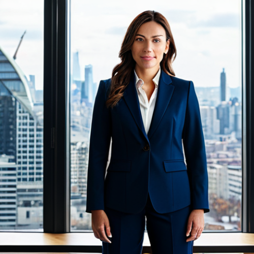 **

A professional businesswoman in a modest, dark blue business suit, standing confidently in a modern, sunlit office with large windows overlooking a city skyline, fully clothed, appropriate attire, safe for work, perfect anatomy, correct proportions, natural pose, professional photography, high quality, family-friendly.

**