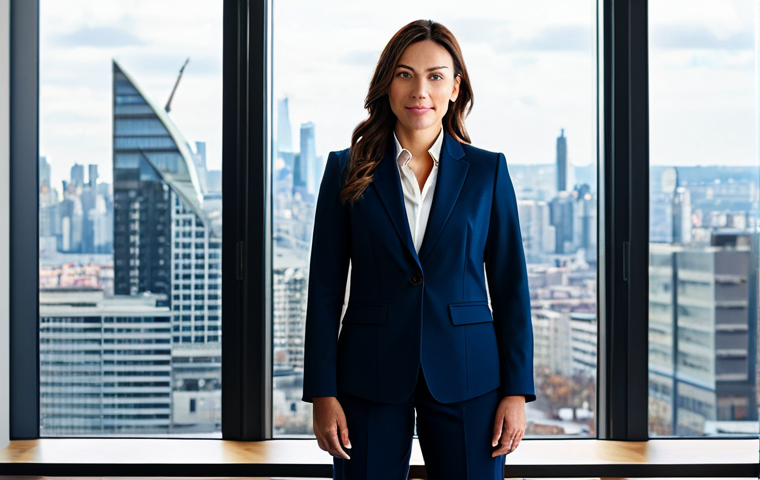 **
A professional businesswoman in a modest, dark blue business suit, standing confidently in a modern, sunlit office with large windows overlooking a city skyline, fully clothed, appropriate attire, safe for work, perfect anatomy, correct proportions, natural pose, professional photography, high quality, family-friendly.
**