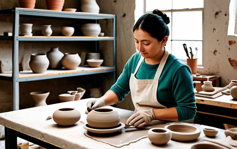 Hand Building Pottery**
"A fully clothed artist carefully shaping clay with hand modeling tools in a bright, professional pottery studio. Modest clothing, appropriate attire. Various finished and unfinished pottery pieces are visible in the background. Perfect anatomy, correct proportions, natural pose. Safe for work, appropriate content, professional, family-friendly, high quality."
**