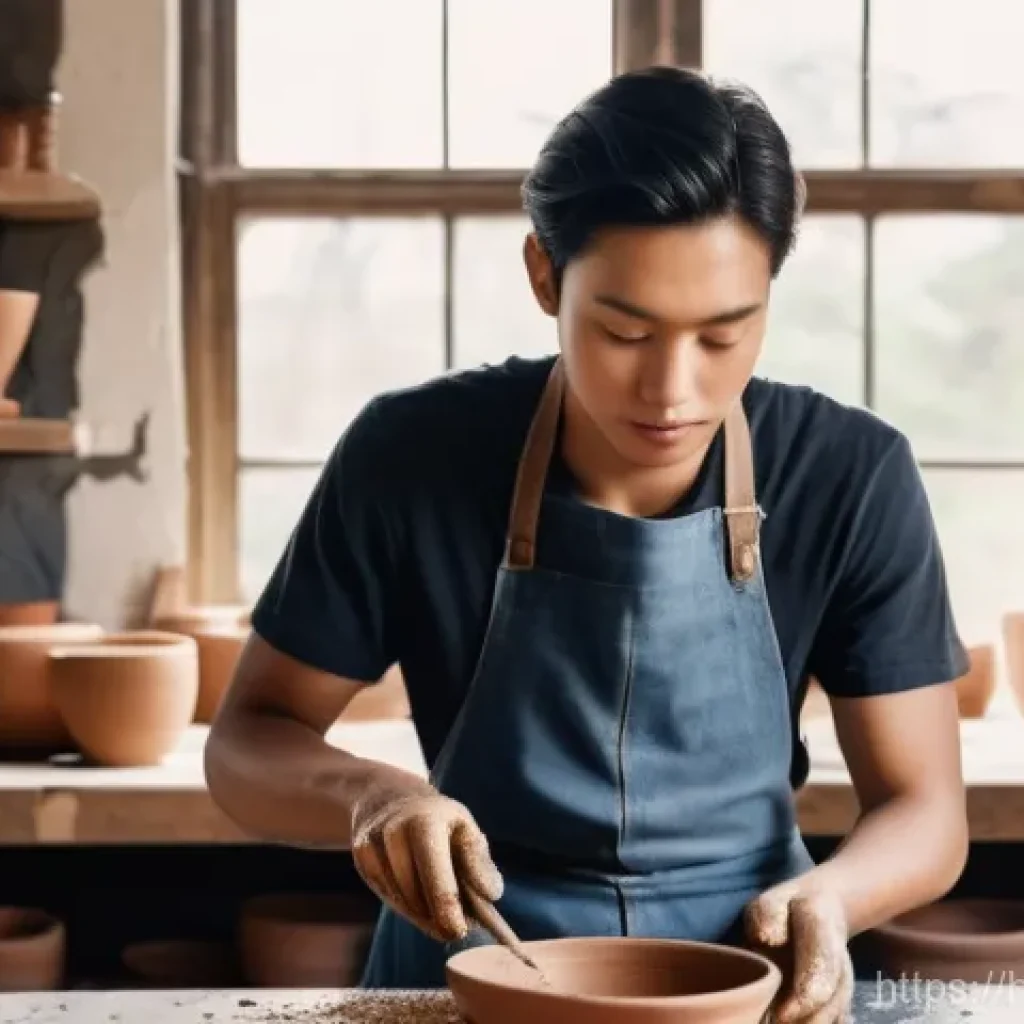 미술세라믹 경력 개발 방법 - **Prompt:** "A young adult ceramic artist, mid-20s, with a focused expression, wearing a modest, cla...