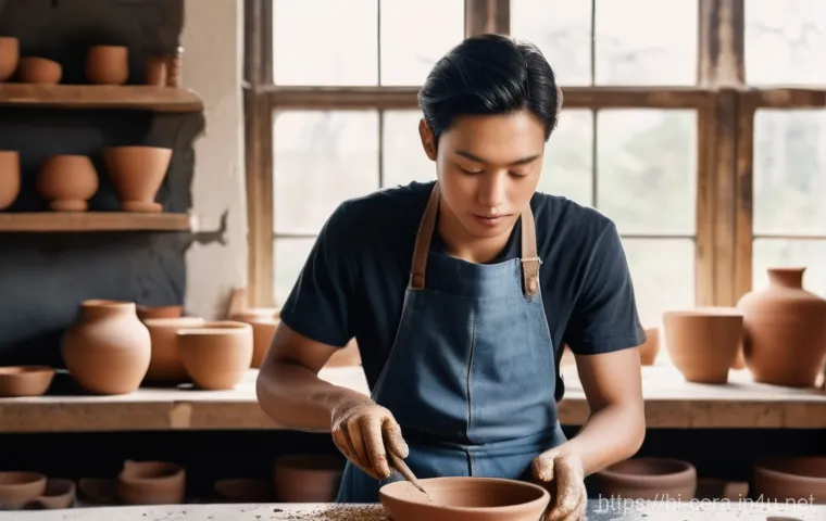 미술세라믹 경력 개발 방법 - **Prompt:** "A young adult ceramic artist, mid-20s, with a focused expression, wearing a modest, cla...