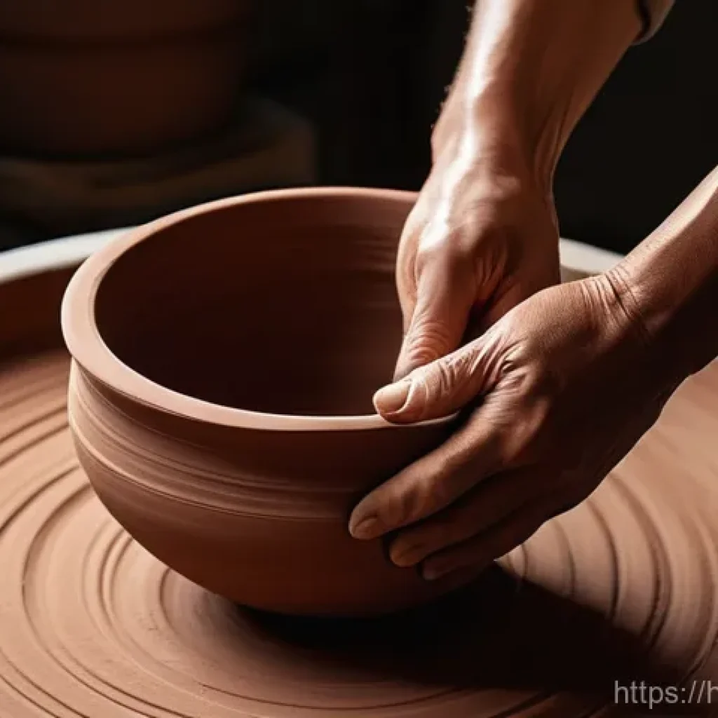 미술세라믹 프로젝트 실습 - **A close-up of skilled hands engaged in the art of coil building with natural earthenware clay.** T...
