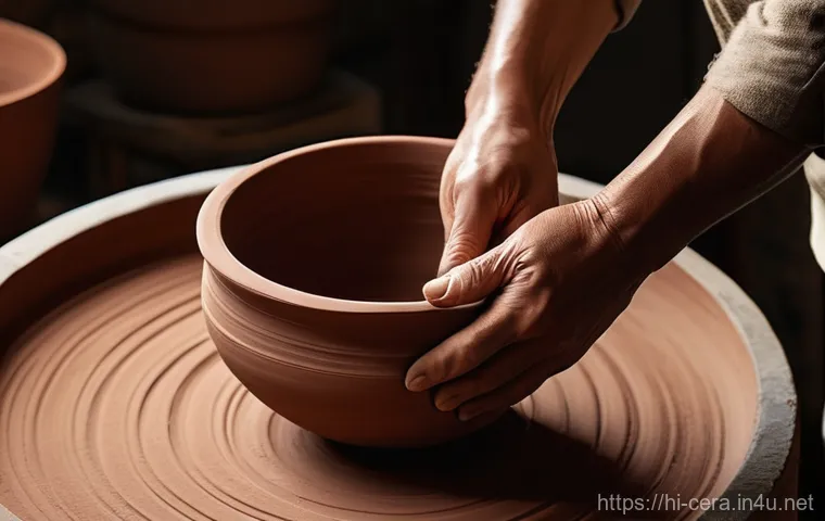 미술세라믹 프로젝트 실습 - **A close-up of skilled hands engaged in the art of coil building with natural earthenware clay.** T...
