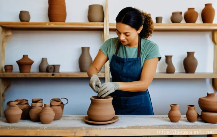 미술세라믹 전문 자격증 종류 - **Prompt:** A highly skilled female ceramic artist, in her early 30s, stands focused at a pottery wh...