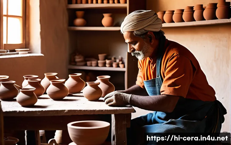 미술세라믹 경력 개발 팁 - A skilled Hindi potter working attentively in a sunlit traditional studio, surrounded by diverse cla...