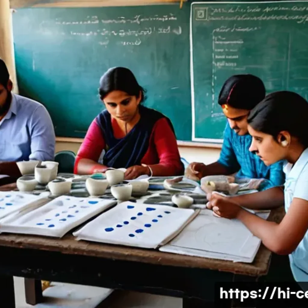 세라믹 자격증 시험 준비 - A detailed classroom scene showing a diverse group of Hindi-speaking students studying ceramics, att...