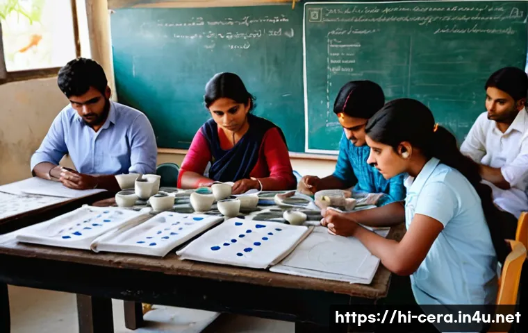 세라믹 자격증 시험 준비 - A detailed classroom scene showing a diverse group of Hindi-speaking students studying ceramics, att...
