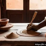 미술세라믹 실무 경험 - A detailed scene of an Indian artisan&rsquo;s workspace focused on clay art creation, featuring various ty...