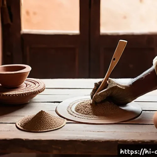 미술세라믹 실무 경험 - A detailed scene of an Indian artisan&rsquo;s workspace focused on clay art creation, featuring various ty...