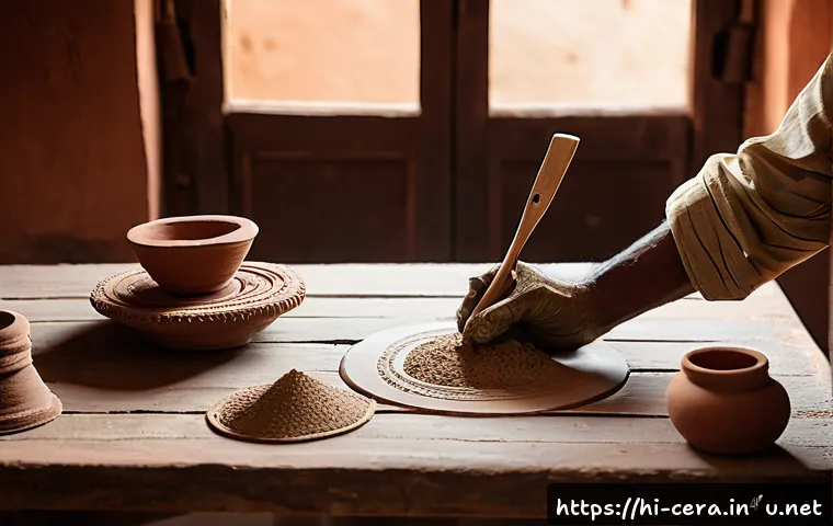 미술세라믹 실무 경험 - A detailed scene of an Indian artisan&rsquo;s workspace focused on clay art creation, featuring various ty...