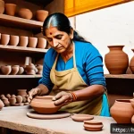 미술세라믹 자격증 취득 과정 - A vibrant ceramic art studio scene showcasing a skilled artist practicing throwing technique on a po...