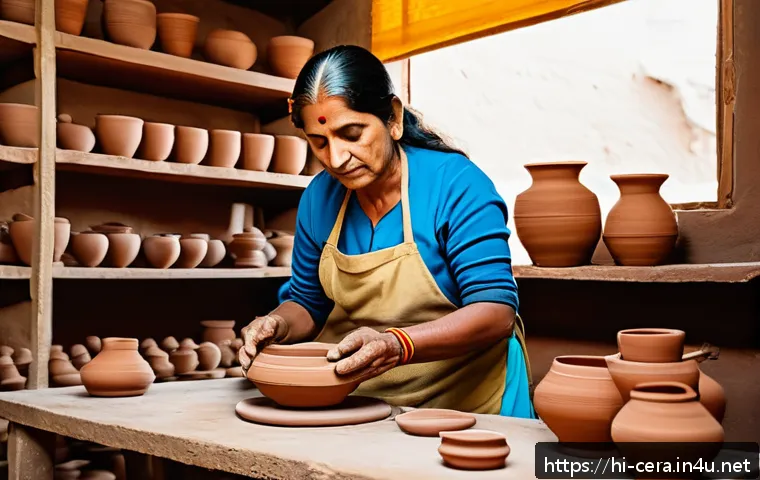 미술세라믹 자격증 취득 과정 - A vibrant ceramic art studio scene showcasing a skilled artist practicing throwing technique on a po...