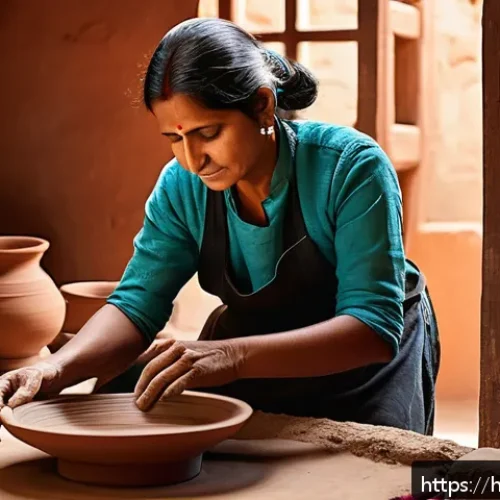 미술세라믹 분야 전문가 인터뷰 - A skilled Hindi ceramic artist in a traditional workshop, shaping clay on a potter&rsquo;s wheel with focu...