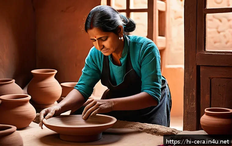 미술세라믹 분야 전문가 인터뷰 - A skilled Hindi ceramic artist in a traditional workshop, shaping clay on a potter&rsquo;s wheel with focu...