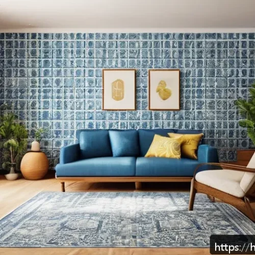 세라믹 디자인 스타일 - A modern living room wall decorated with ceramic tiles in soft blue and white shades, featuring a cl...