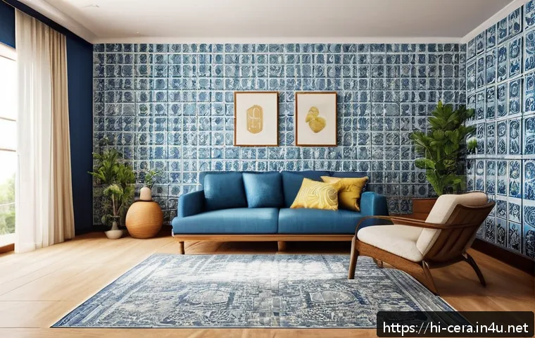 세라믹 디자인 스타일 - A modern living room wall decorated with ceramic tiles in soft blue and white shades, featuring a cl...