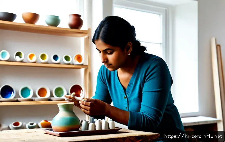 미술세라믹 전문지식 업데이트 - Photorealistic ceramic art specialist in a bright contemporary studio, carefully examining glazed cl...